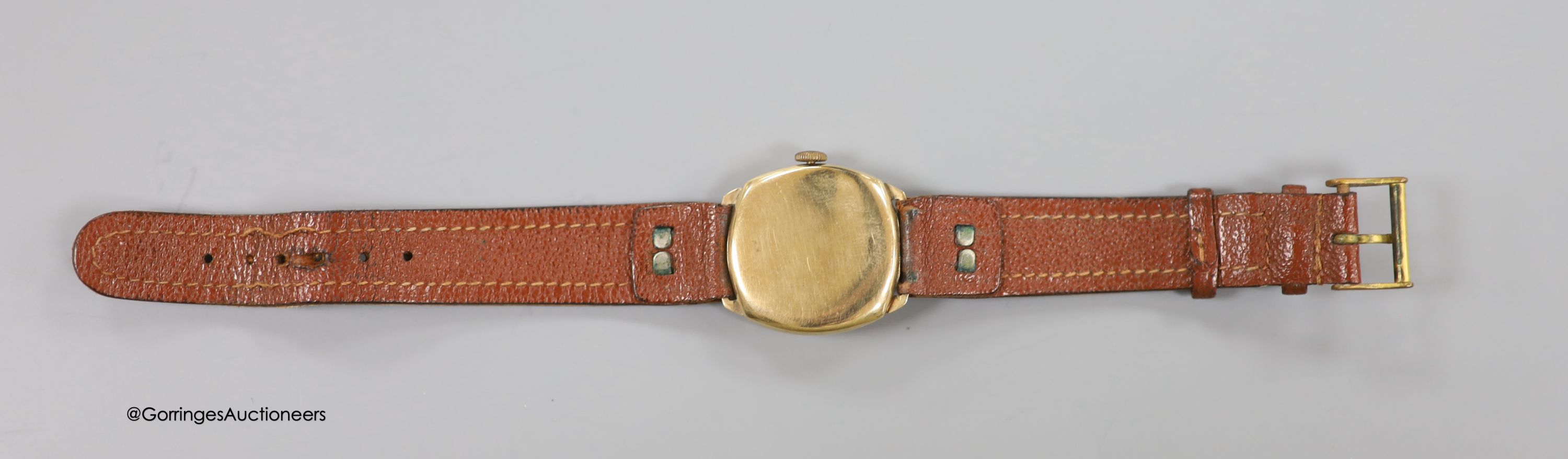 A gentleman's 1930's 9ct gold Huba manual wind wrist watch, with leather strap, case diameter 29mm, gross weight 26.2 grams.